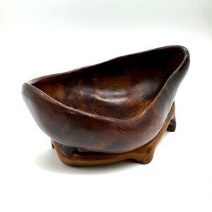 Vintage 1989 Artisan made Wooden Bowl Unusual Decor Brown Signed Eclectic Boho